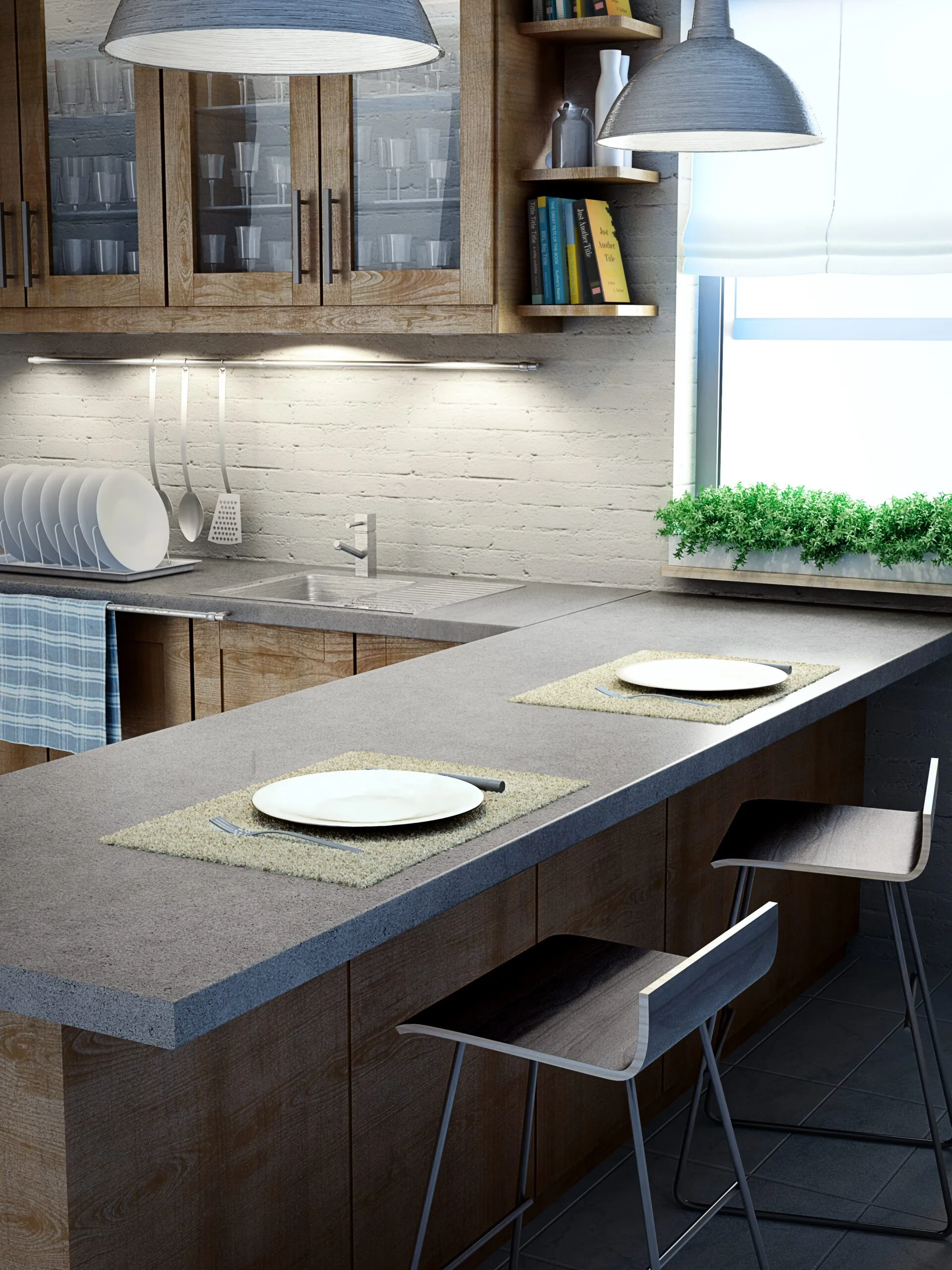 Modern,Kitchen,Interior,View Modern Kitchen Interior with L shape counter top with barstools.